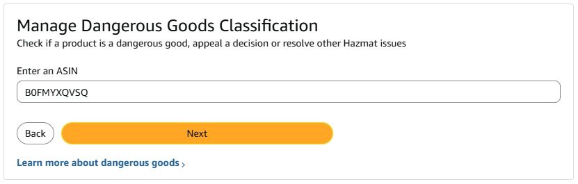 fba-hazmat-header Amazon Seller Central Manage Dangerous Goods Classification ASIN entry screen showing the input field where sellers paste an ASIN and click Next to check dangerous goods status