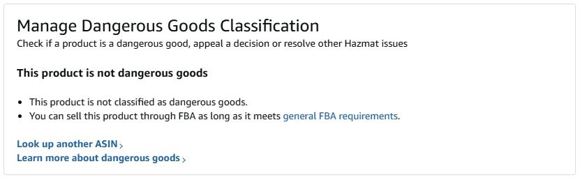 fba-hazmat-screenshot-1-asin-lookup Manage Dangerous Goods Classification result screen showing 'This product is not dangerous goods' with confirmation that the product can be sold through FBA as long as it meets general FBA requirements