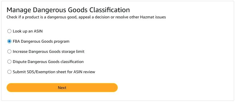 fba-hazmat-screenshot-2-not-dangerous Manage Dangerous Goods Classification tool menu inside Amazon Seller Central showing five options: Look up an ASIN, FBA Dangerous Goods program (selected), Increase Dangerous Goods storage limit, Dispute Dangerous Goods classification, and Submit SDS Exemption sheet for ASIN review