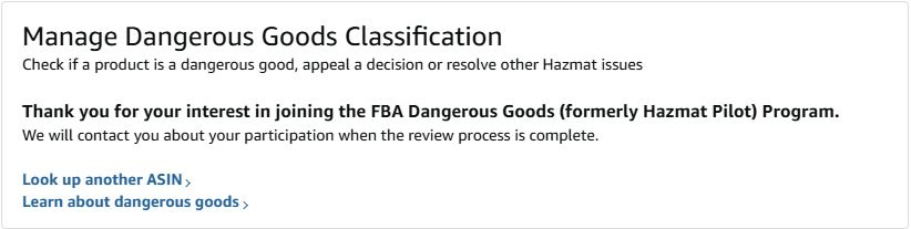 fba-hazmat-screenshot-5-application-confirmation Amazon Seller Central confirmation screen showing 'Thank you for your interest in joining the FBA Dangerous Goods (formerly Hazmat Pilot) Program' with a notice that Amazon will contact the seller when the review process is complete